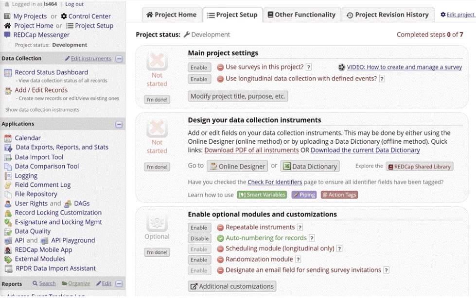 REDCap study setup screen