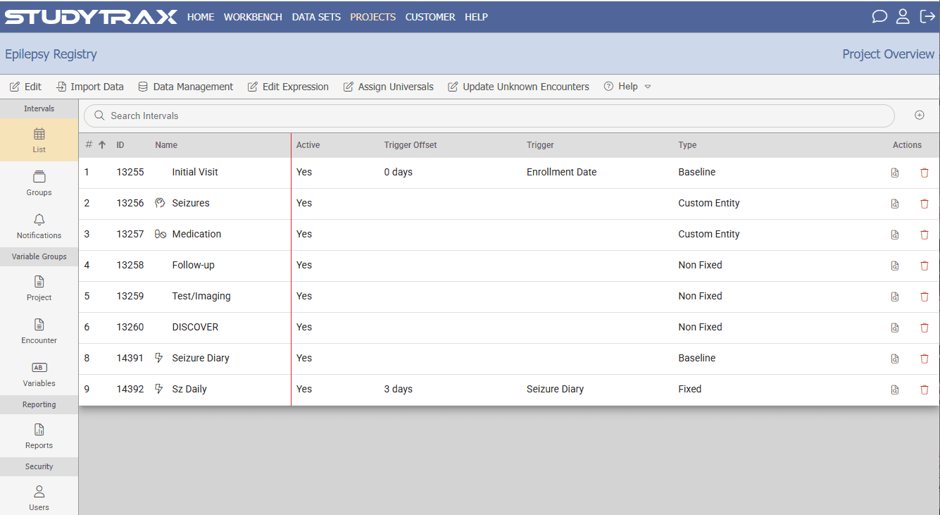 Studytrax project setup screen