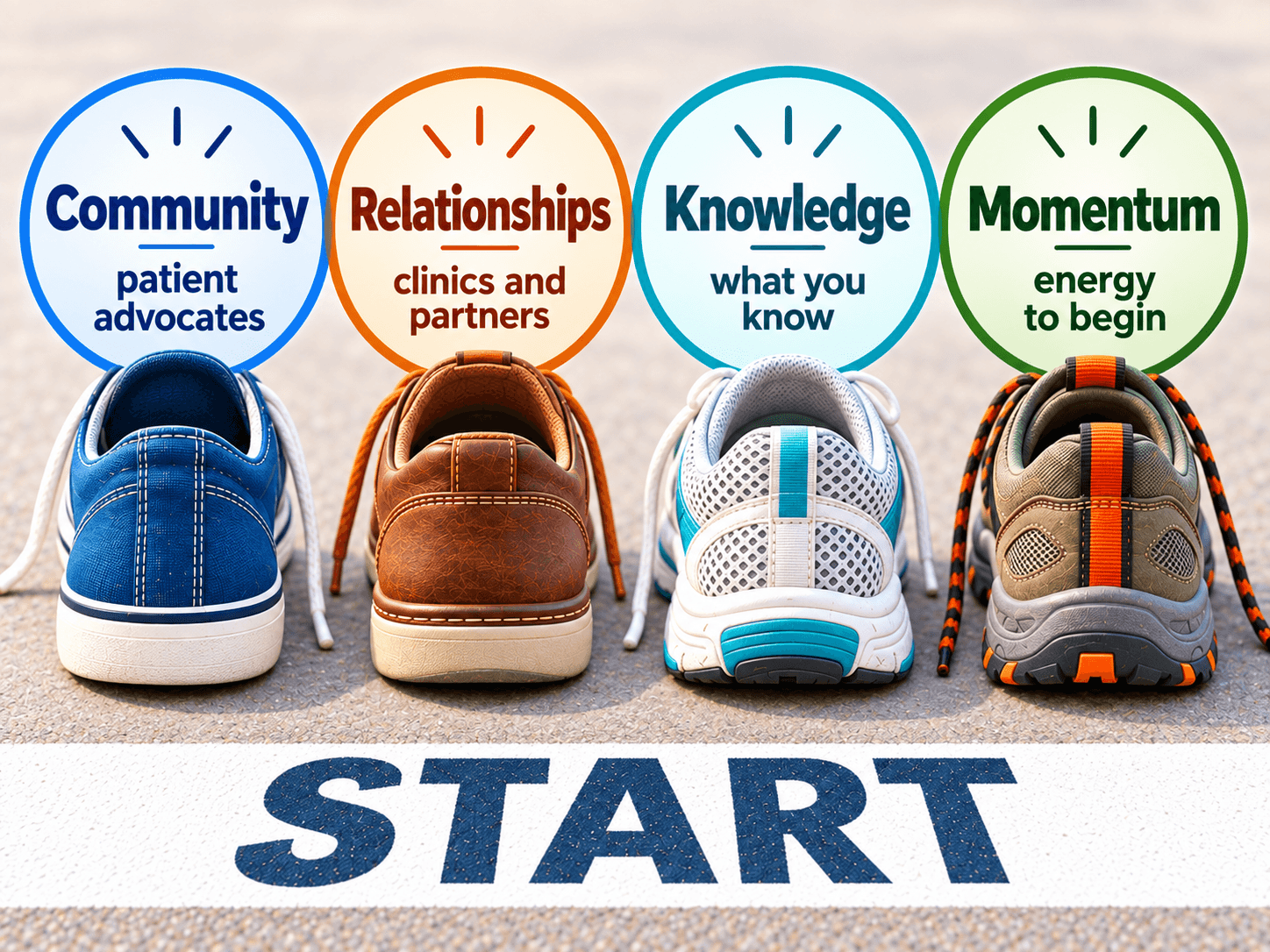 Four single shoes, each a different style, lined up behind a painted START line, each under a round badge: Community, patient advocates; Relationships, clinics and partners; Knowledge, what you know; Momentum, energy to begin.