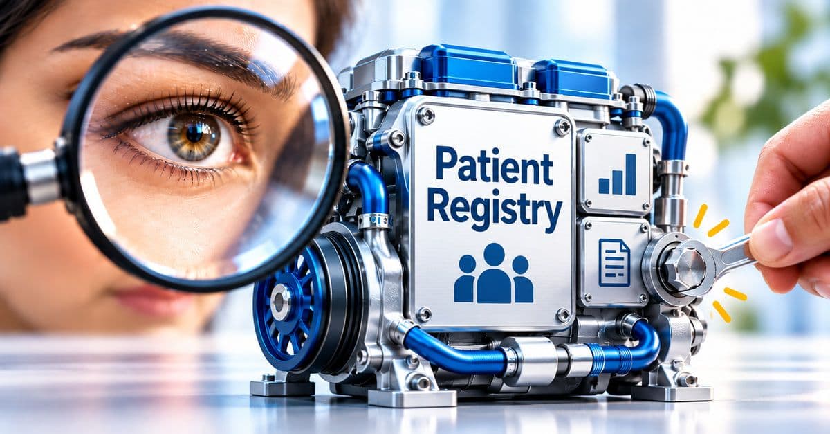 A person examines a chrome and blue engine block labelled Patient Registry through a magnifying glass while a hand tightens one of its bolts with a wrench.