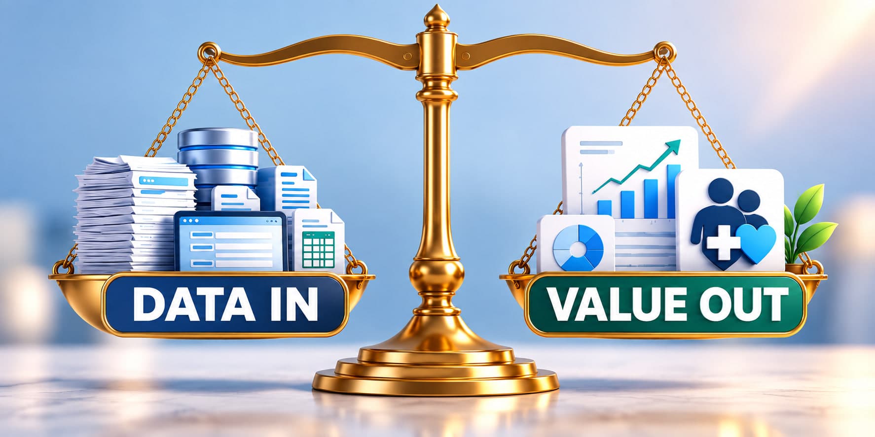 A gold balance scale. The left pan holds stacks of paper, a database cylinder, forms and a spreadsheet under a label reading Data In. The right pan holds charts, a rising trend line and a family-and-heart card under a label reading Value Out.