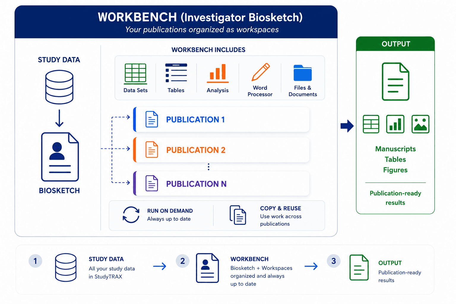 Workbench overview: Investigator Biosketch organizing study data into publications and outputs across workspaces, with a workflow from study data through biosketch to each workspace, run and reuse, and final output