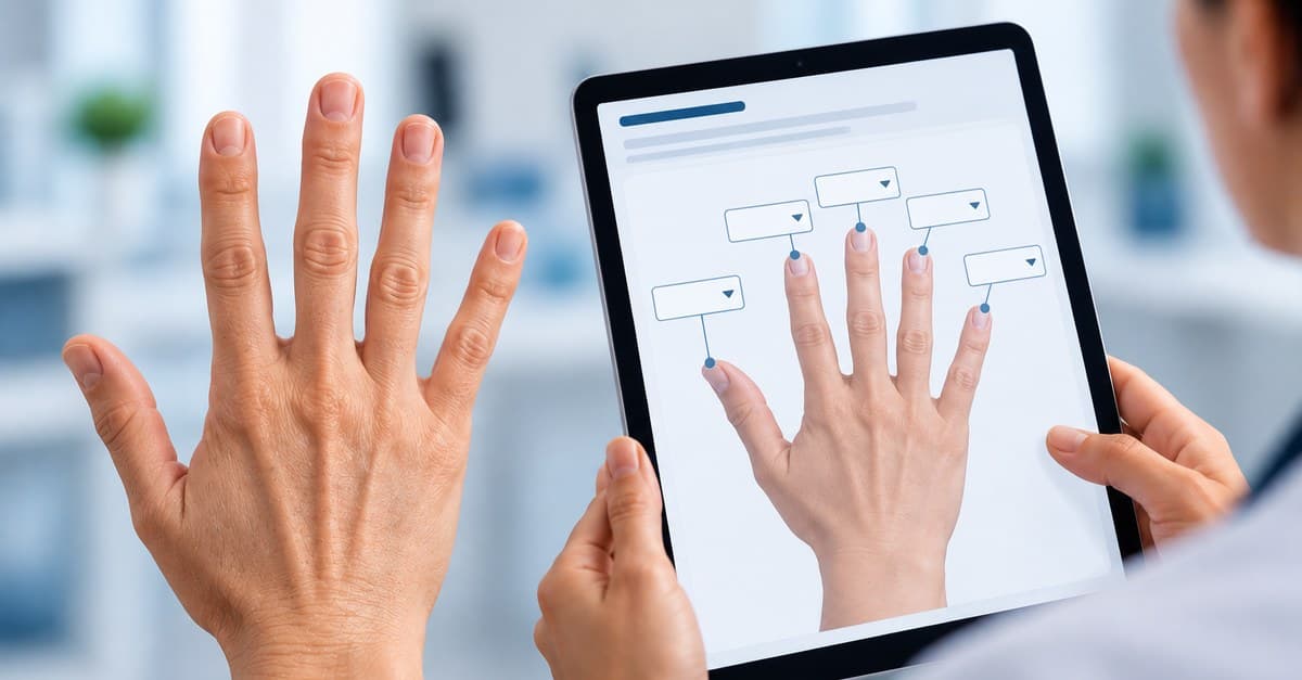 A clinician holds a tablet showing a data-entry form in which a dropdown field is anchored to each finger of a hand on the screen, while the patient holds their own hand up beside it.